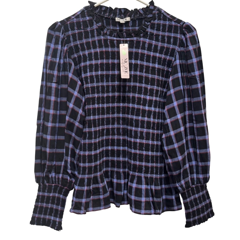 NEW NIC+ZOE Plaid Smocked Blouse Womens XS Blue Puff Sleeve Peplum Top Modest